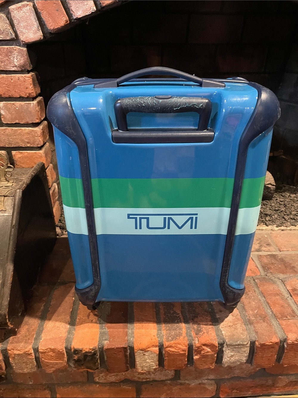 Tumi x Jonathan Adler Blue Hard-Shell Carry-On with Green and Light Blue Stripes